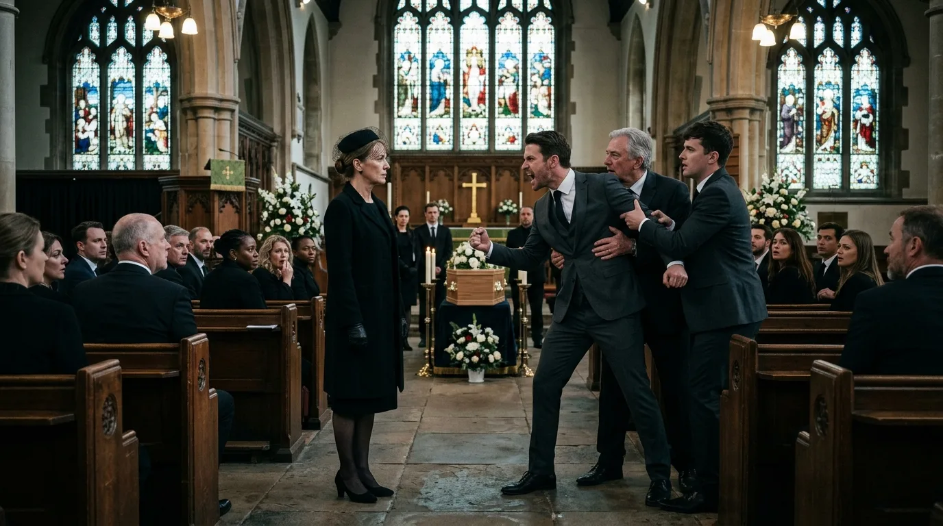 A tense moment at a solemn church funeral. A quiet, determined woman in dark mourning clothes stands her ground against an angry, sharply dressed man being held back by relatives.