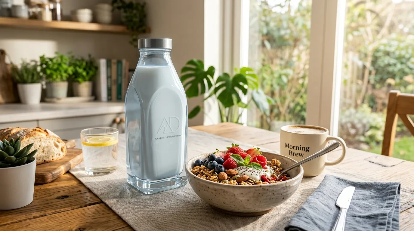 Sleek glass bottle of futuristic milk on a modern breakfast table