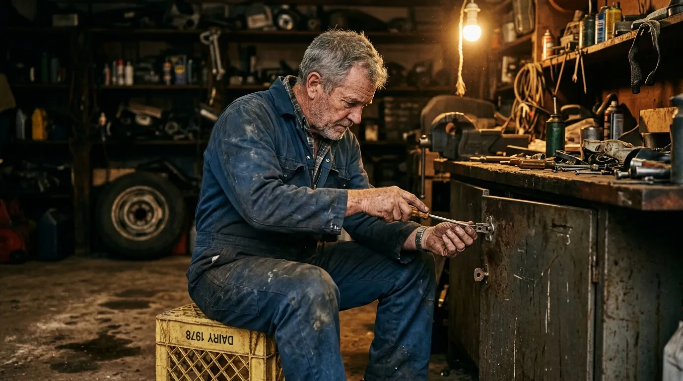 An older man working on a cabinet latch in a nostalgic garage