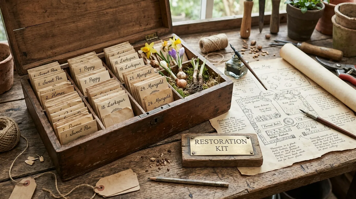 A wooden seed box filled with neatly numbered seed packets next to a hand-drawn map