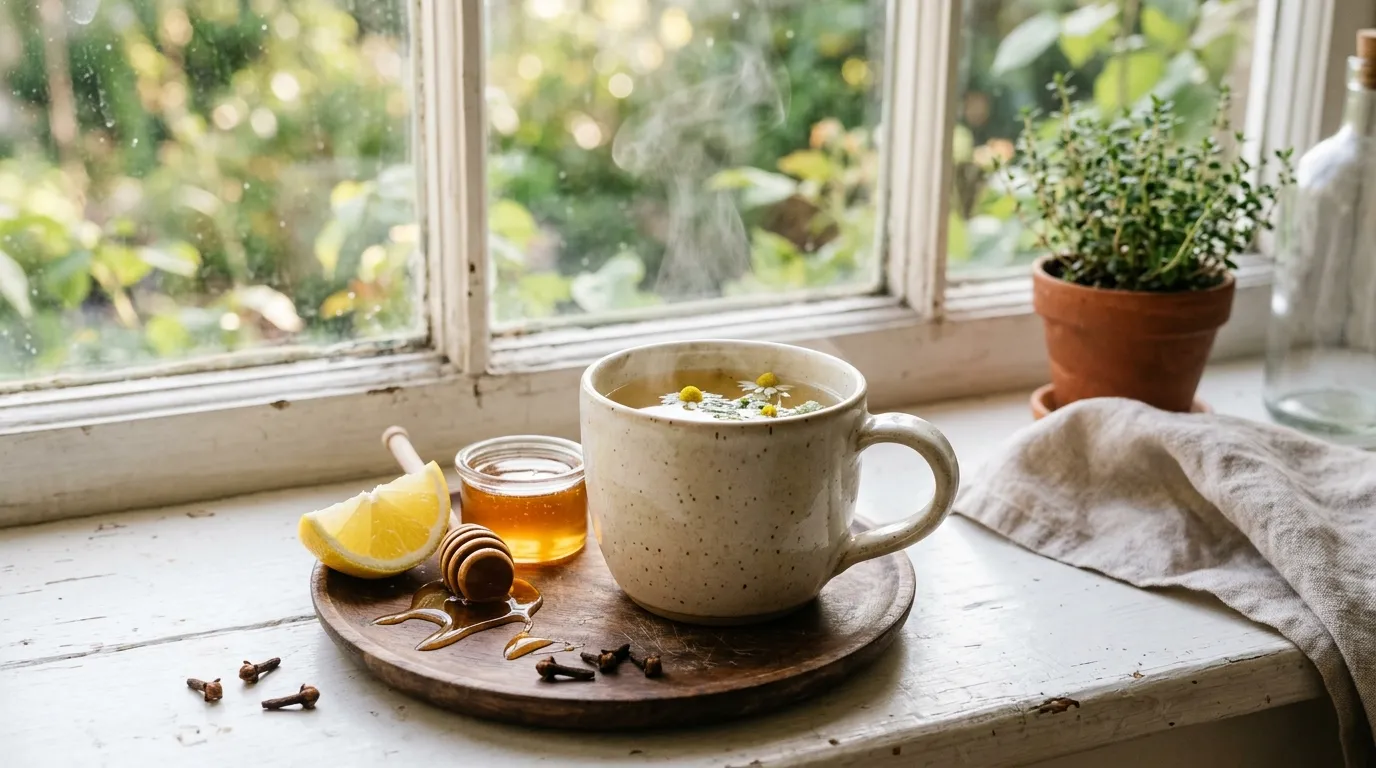 A steaming mug of golden herbal tea garnished with a lemon slice and cloves on a windowsill.