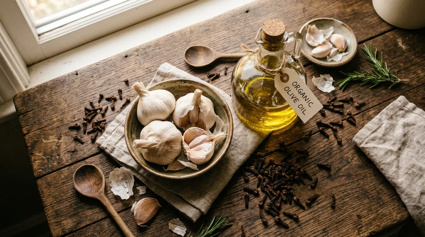 Fresh garlic bulbs, scattered whole cloves, and a glass bottle of golden olive oil on a wooden table.