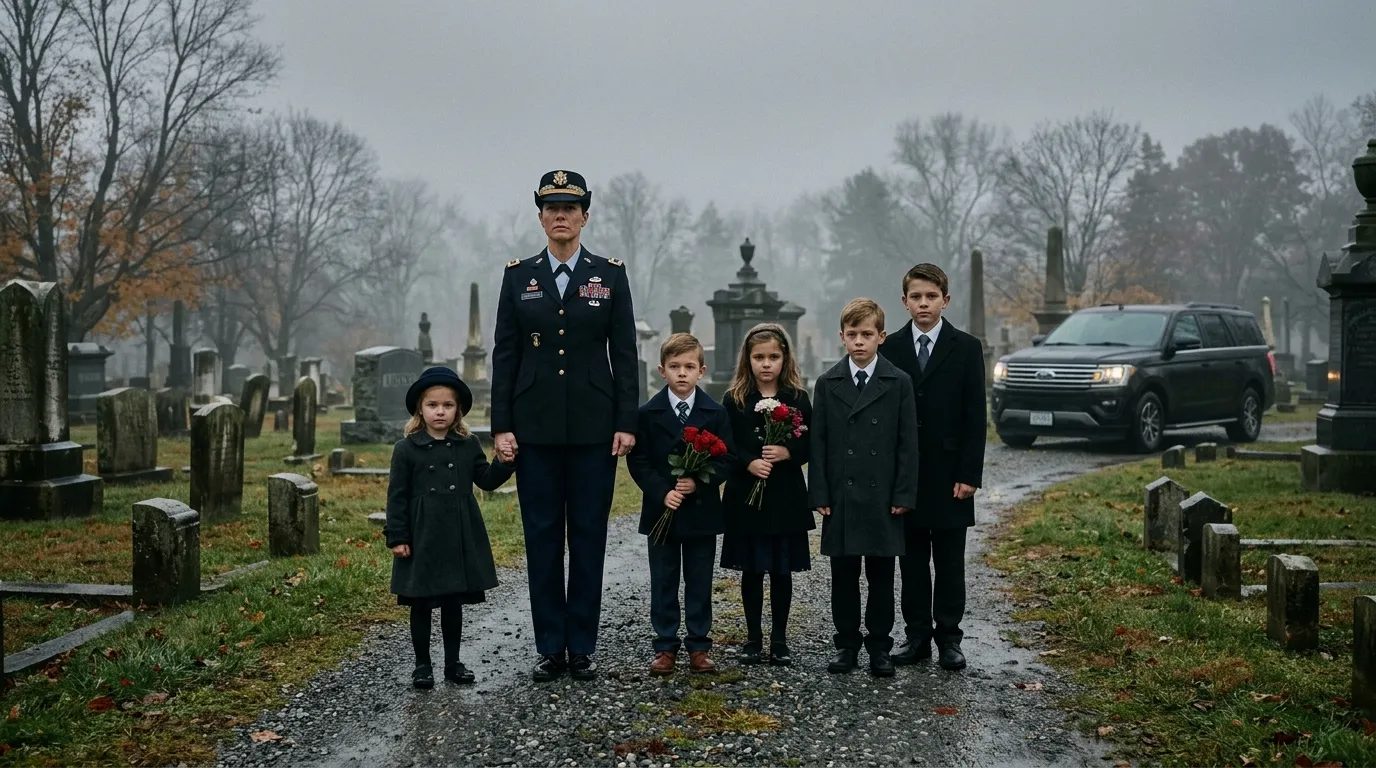 Genevieve in her military dress uniform arriving at the cemetery with her five children