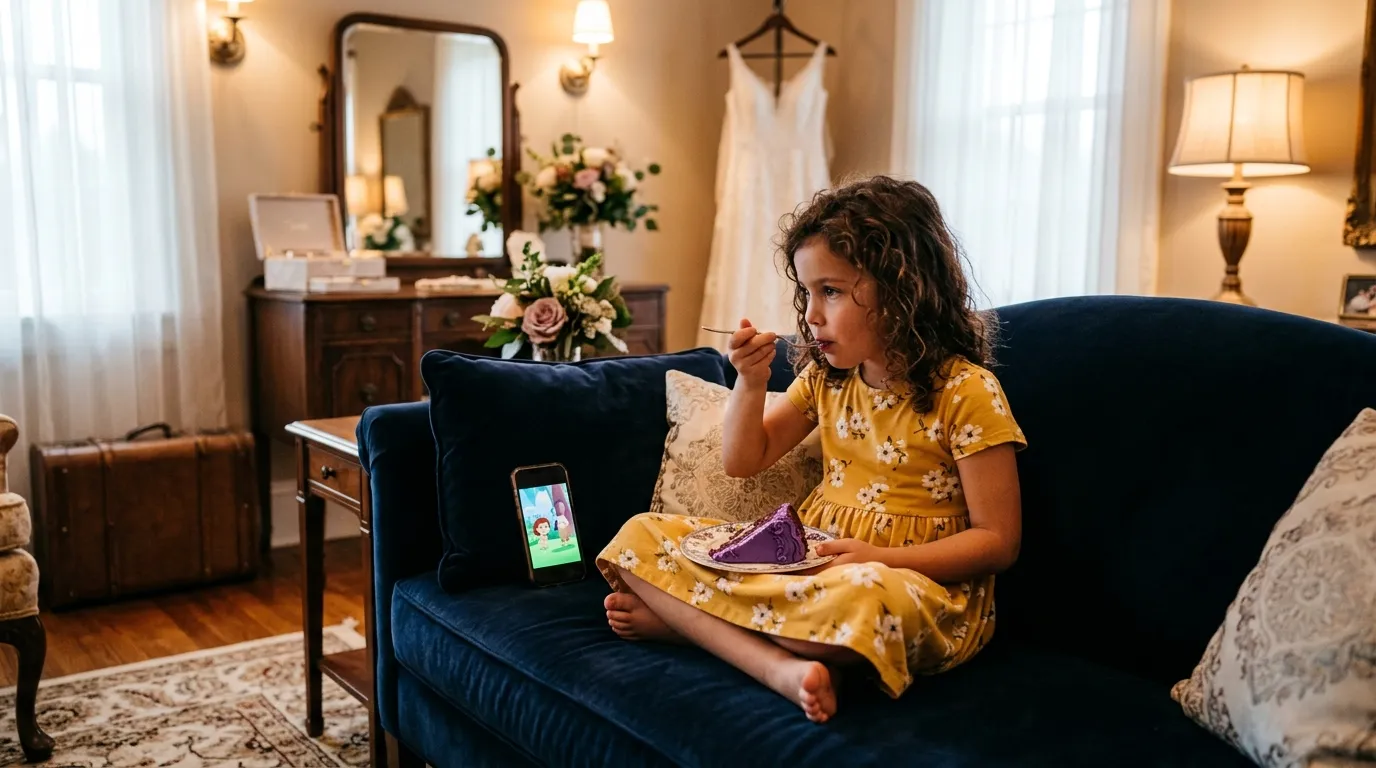 Little girl eating cake in a cozy bridal suite