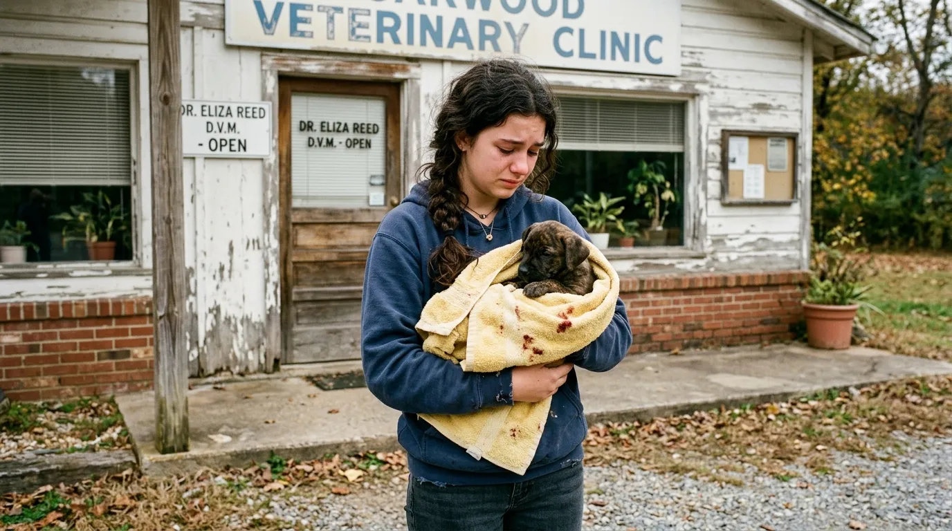 A teenage girl holding a bleeding brindle puppy wrapped in a yellow towel outside a veterinary clinic