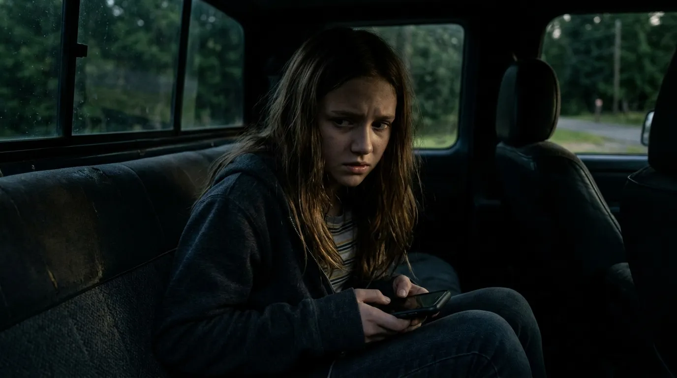 Mia in the backseat of a truck secretly pressing an SOS button on an old smartphone
