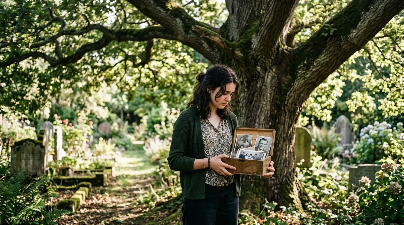 A teenage girl with dark hair holding a photo box beneath a large oak tree in a memorial garden