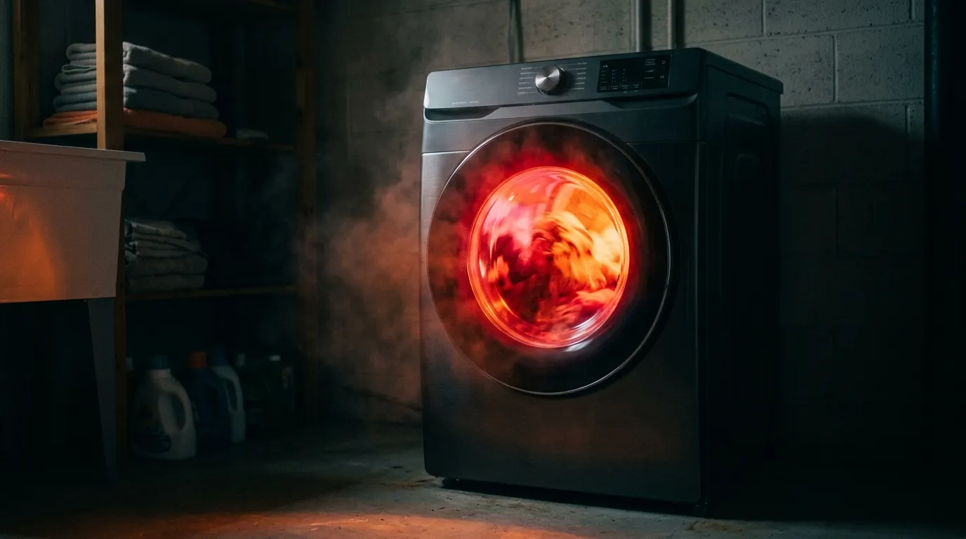 A modern electric dryer glowing from the inside with warm light