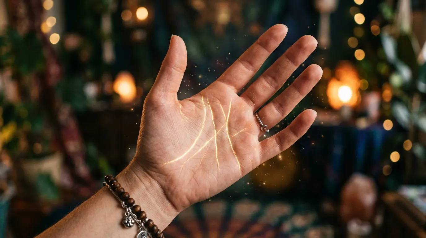 Close up of a palm with ethereal golden lines tracing the main creases