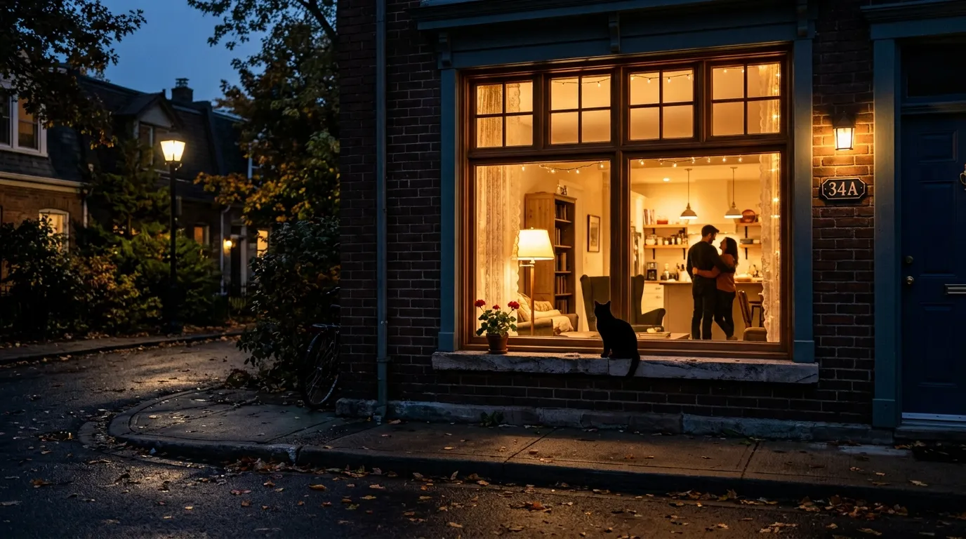 Warmly lit living room window at night with a cat on the sill and two silhouettes inside