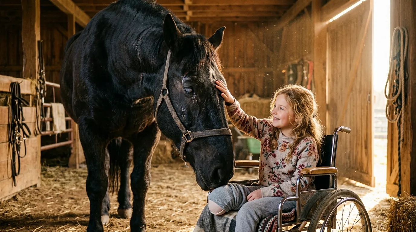 Giant black horse resting his nose gently on a young girl's lap in a sunlit barn