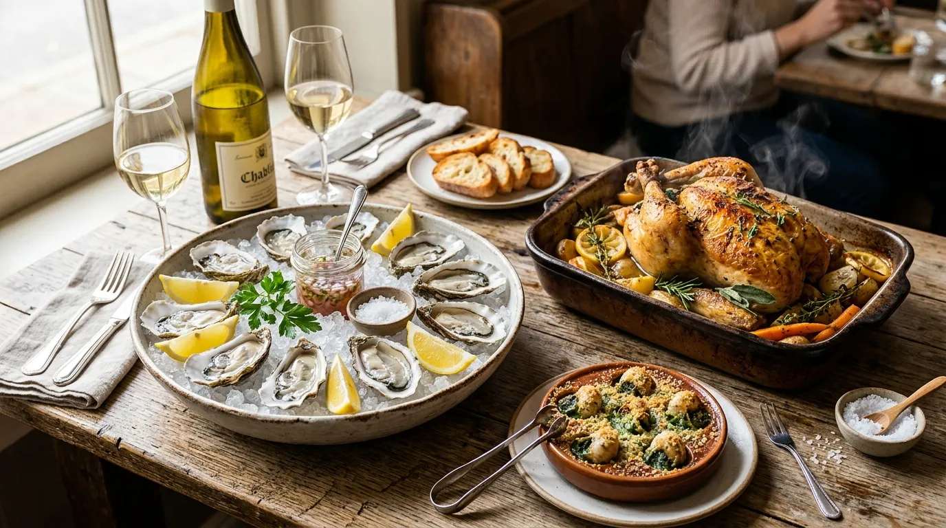 Gourmet spread of oysters, cooked chicken, and escargot on a rustic table