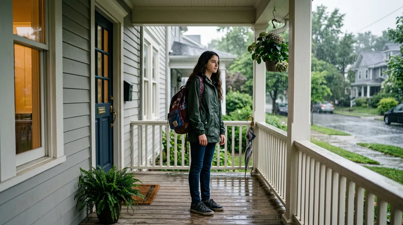 A young teenage girl with long dark hair and a backpack standing on a residential front porch on a rainy afternoon.
