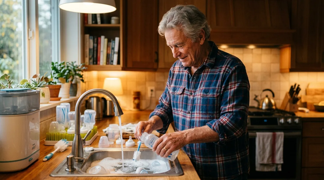 An older man in a flannel shirt carefully sterilizing baby bottles in a cozy kitchen.
