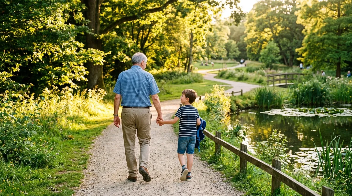 A grandfather and grandson holding hands while walking in a sunny park