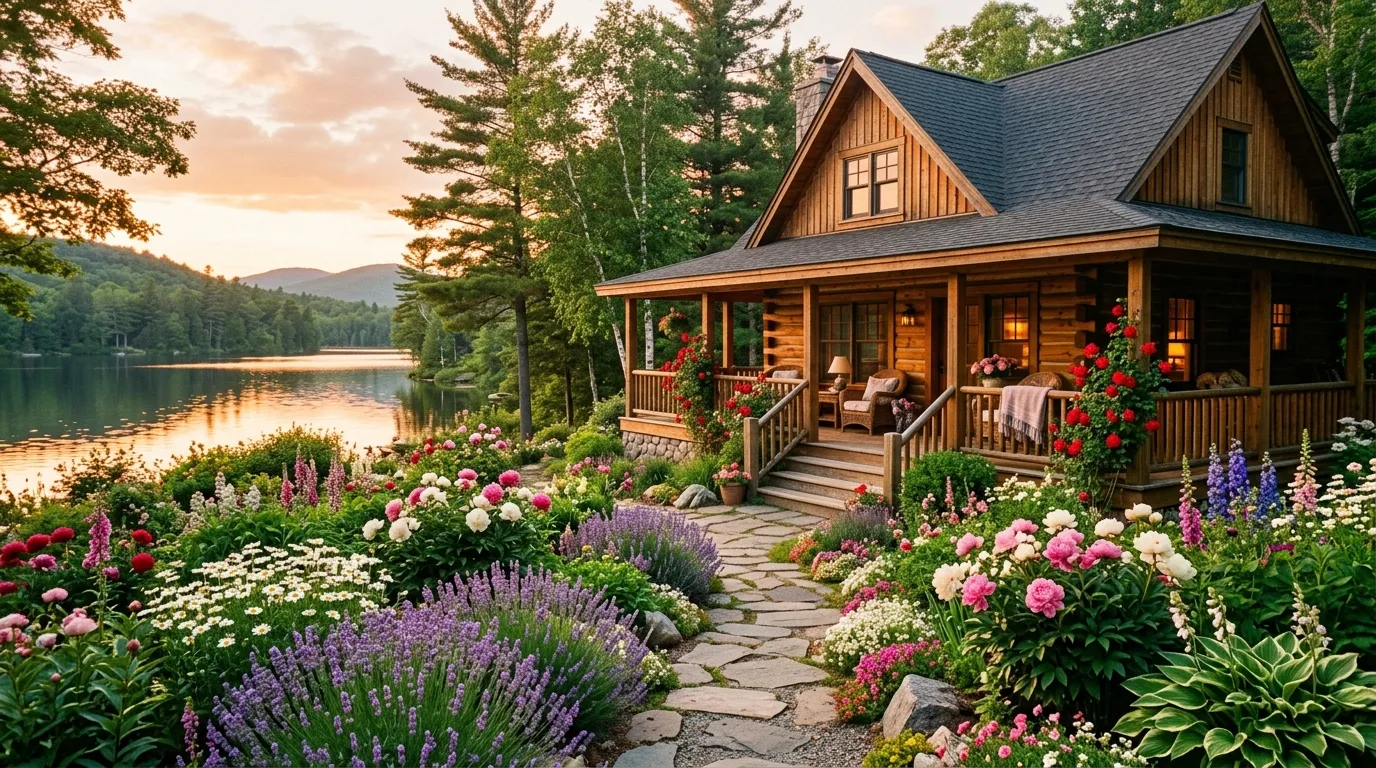 A serene lake house surrounded by a lush, vibrant flower garden in full bloom