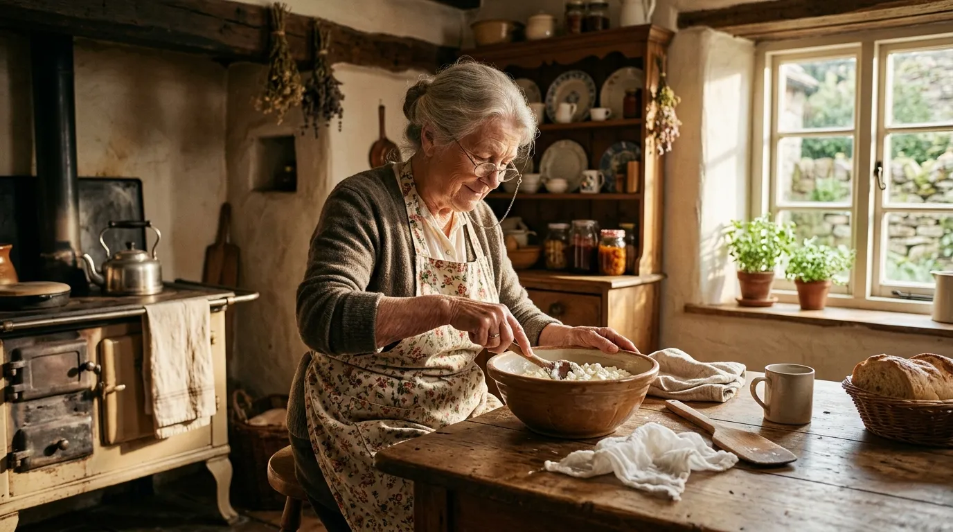 A kind grandmother in a vintage kitchen preparing fresh milk curds.