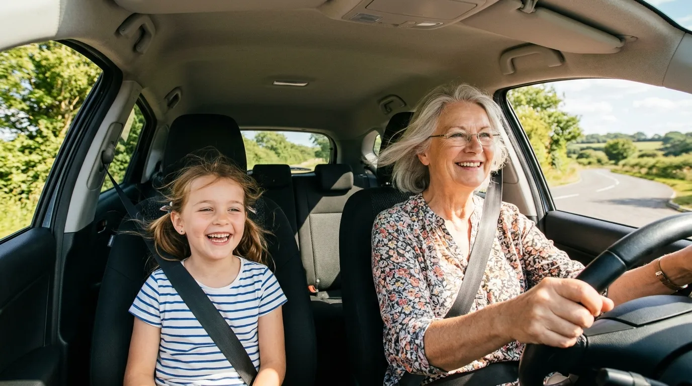 Smiling grandmother driving a car with a happy young granddaughter in the passenger seat