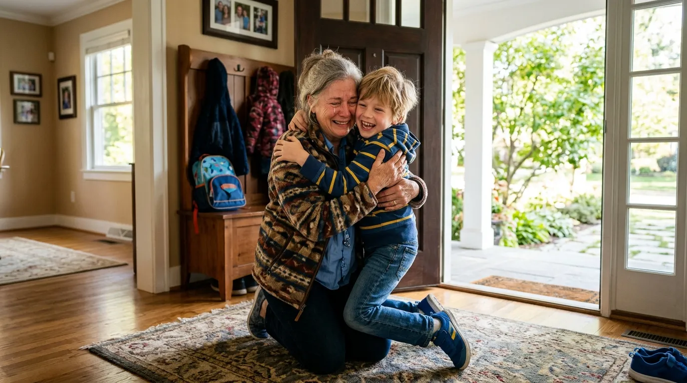 A grandmother kneeling by her front door, joyfully hugging her young grandson who is smiling widely.