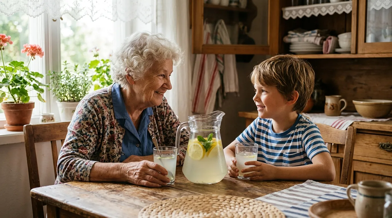 Grandmother and Noah sitting across from each other in a sunlit kitchen, a pitcher of lemonade between them