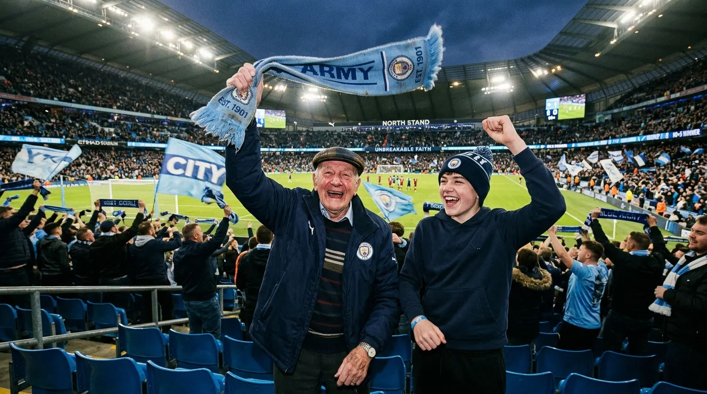 An elderly man and a teenage boy cheering and celebrating a goal together in a football stadium.