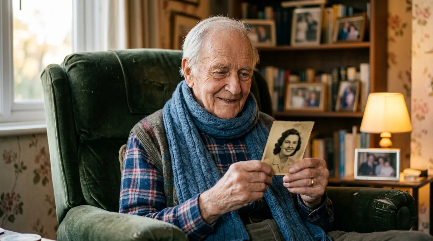 A 92-year-old man with a gentle face wearing a faded blue scarf, holding a vintage photograph.
