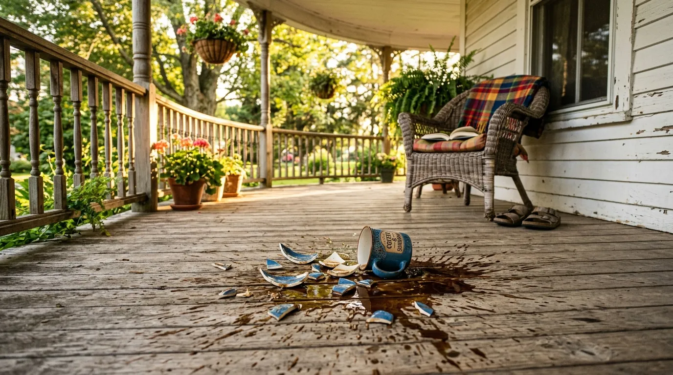 A weathered wooden porch with a shattered ceramic coffee mug on the floorboards in warm afternoon sunlight.