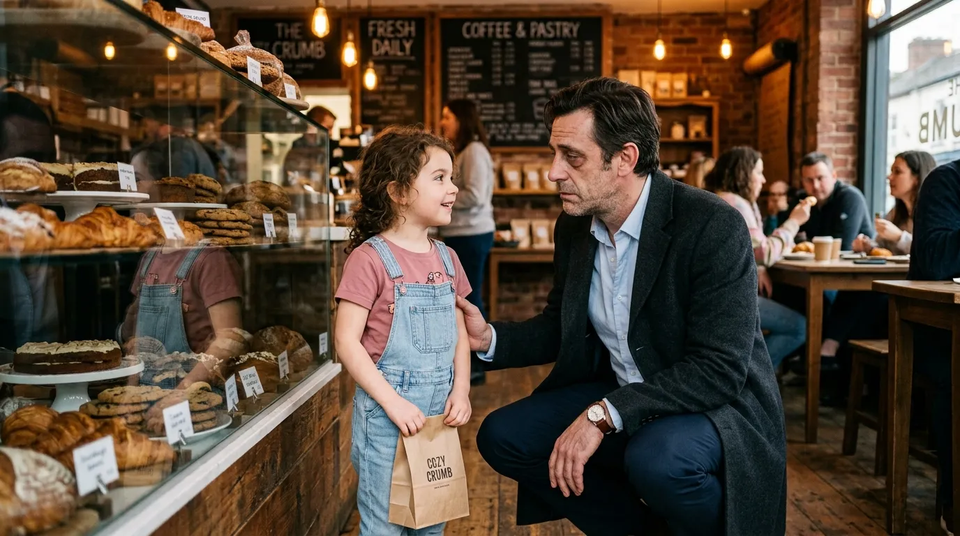 An exhausted looking man in business clothes crouching down to talk to a little girl in a cozy bakery.