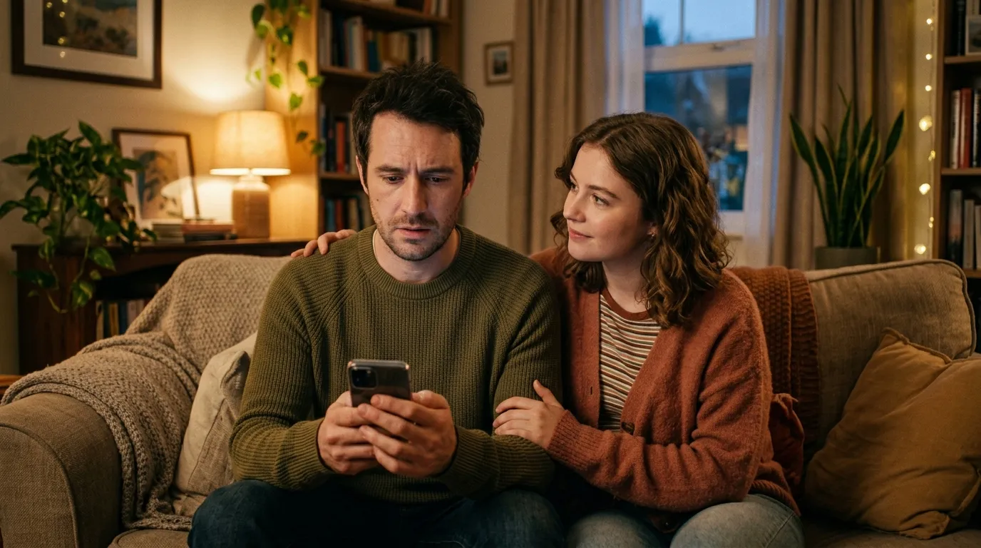 A young man looking at a dating app on his phone while his sister encourages him