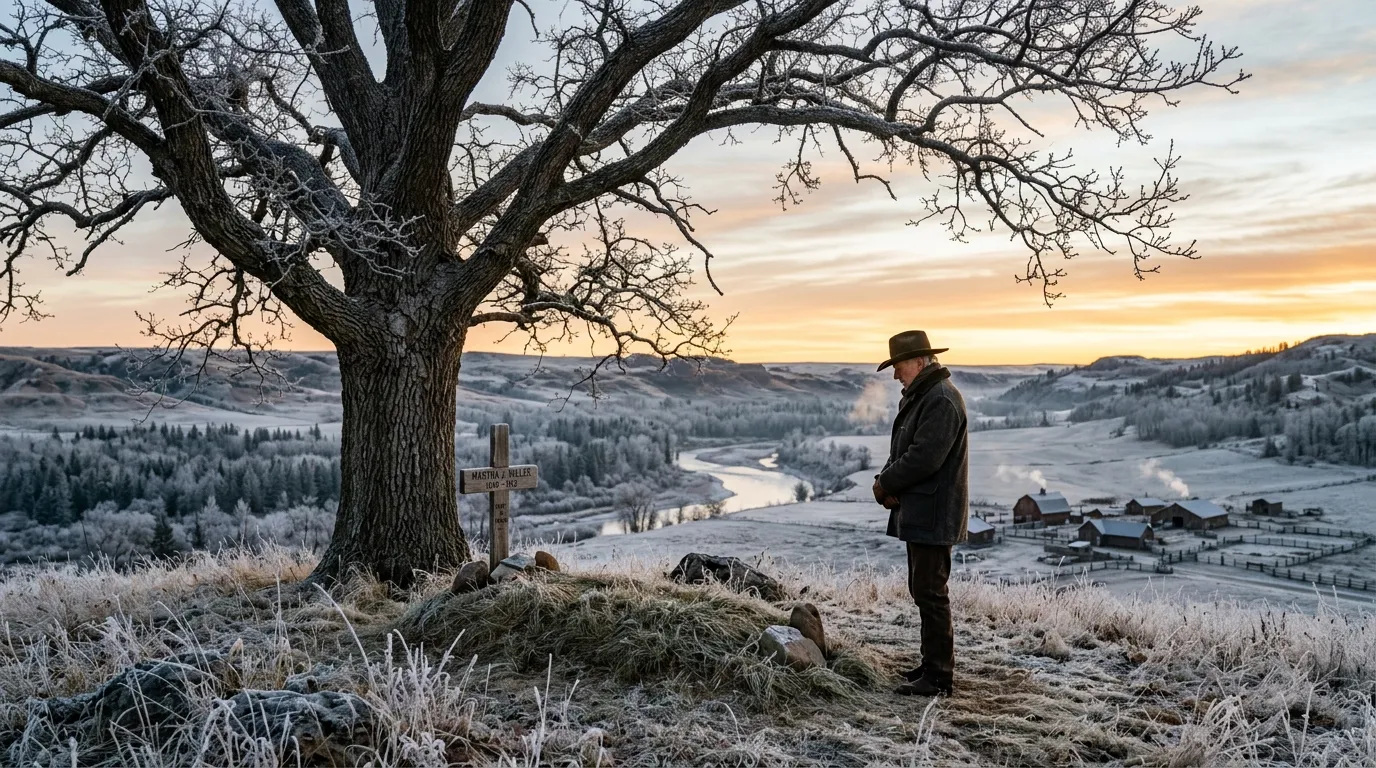 Ancient oak tree on a frosty hill overlooking a horse sanctuary at dawn