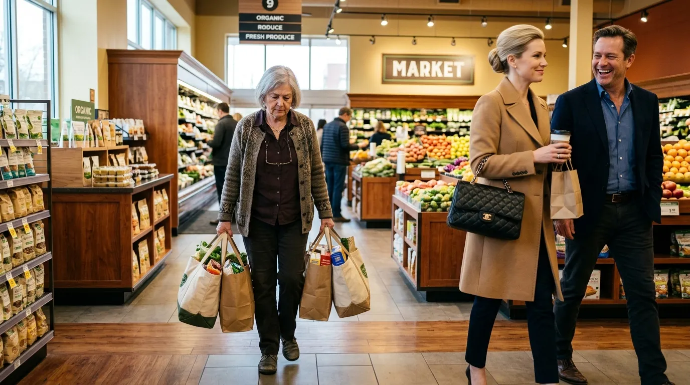 An older woman carrying groceries while a younger blonde woman walks ahead smugly