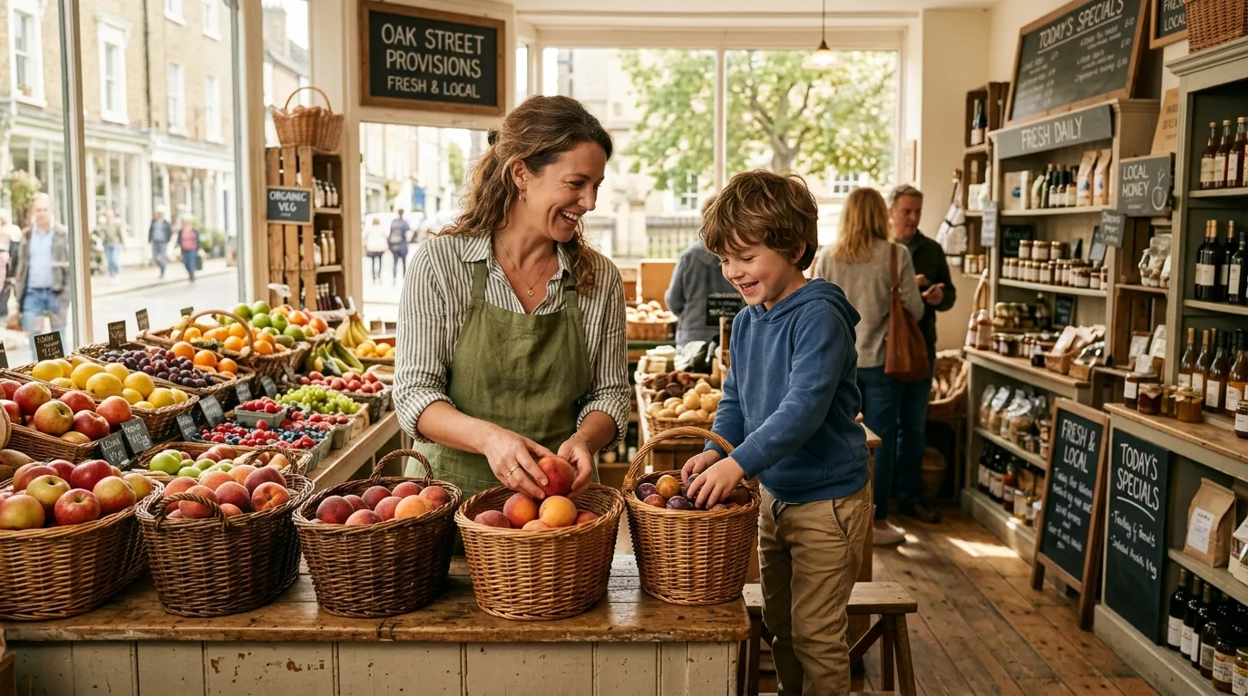 A smiling woman and a young boy arranging fruit in a warm, sunlit grocery store.