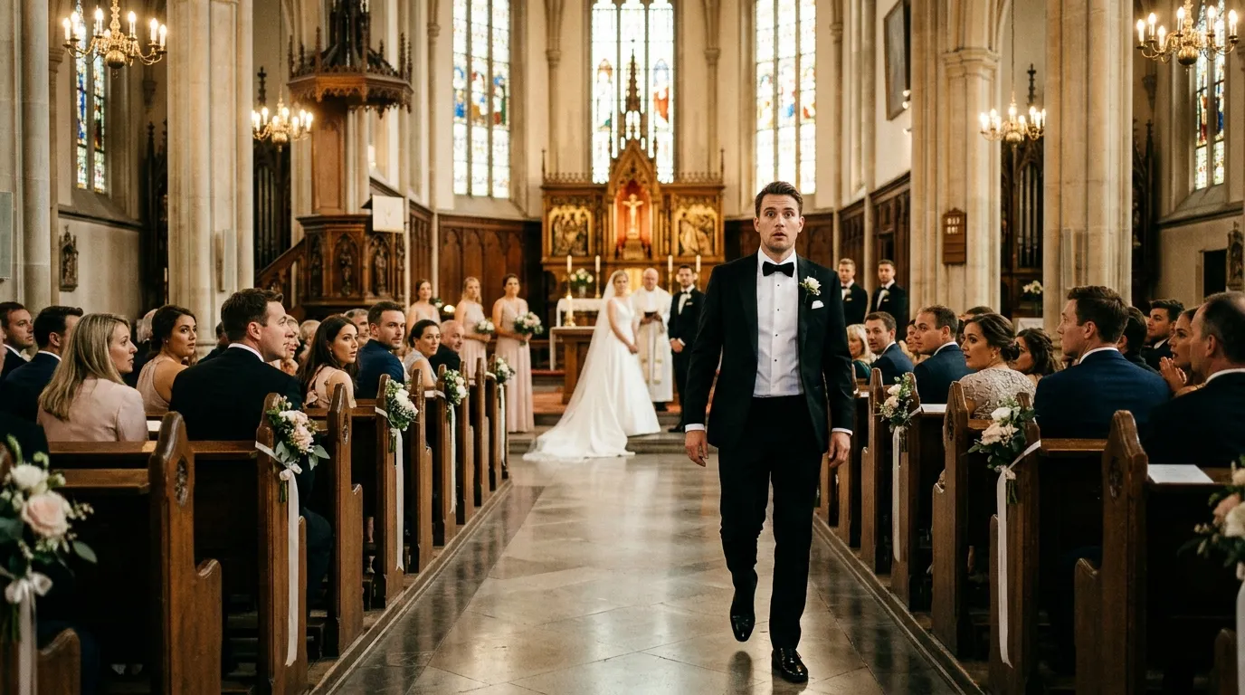 Groom walking away from the altar