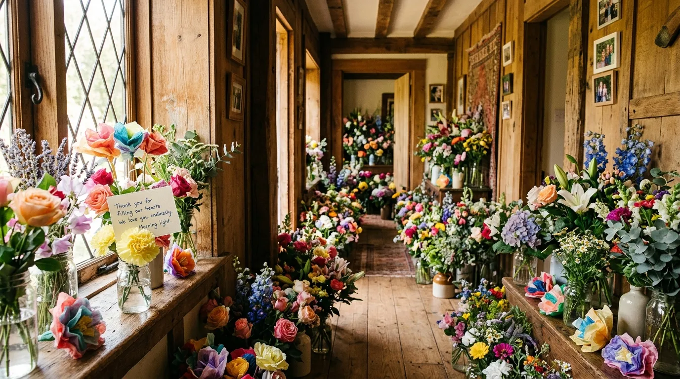 A hallway flooded with an array of flowers, mason jars, and handmade paper blooms in the morning light