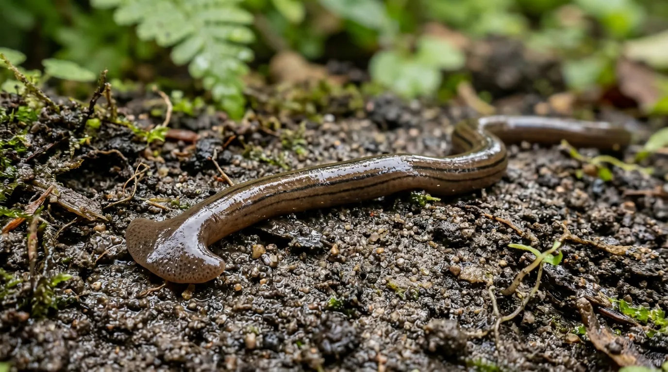 Macro shot of a hammerhead worm showing its glossy body and flat, shovel-like head.