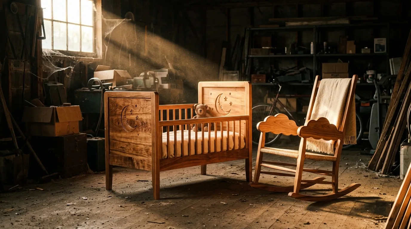 Beautifully carved wooden baby crib and rocking chair in a dusty room.