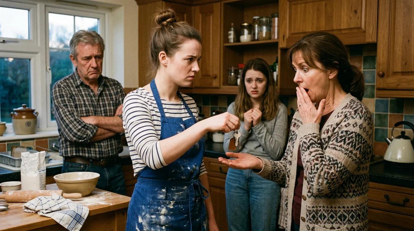 A woman in an apron handing silver keys to an older woman