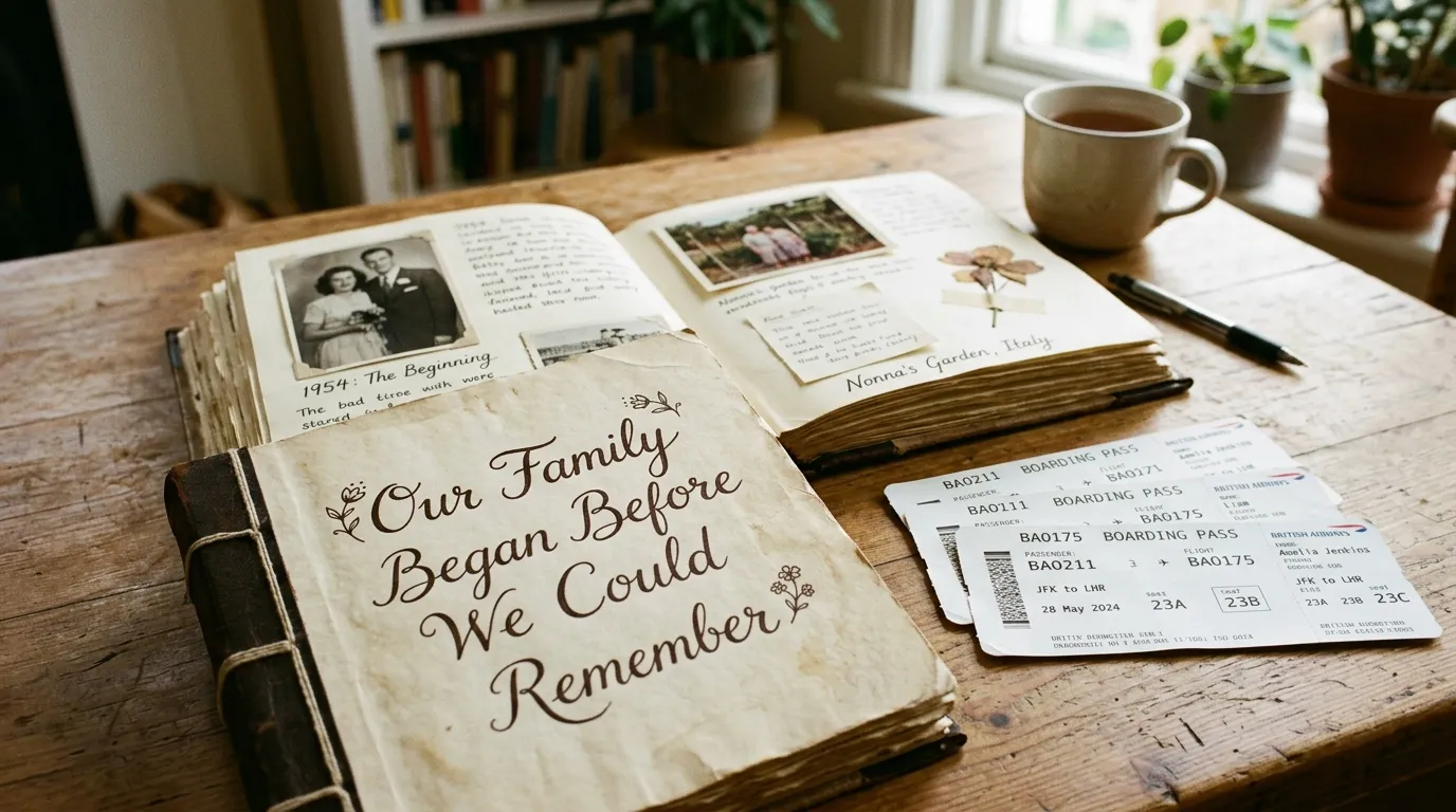 A handmade scrapbook titled 'Our Family Began Before We Could Remember' sitting next to three airline tickets.