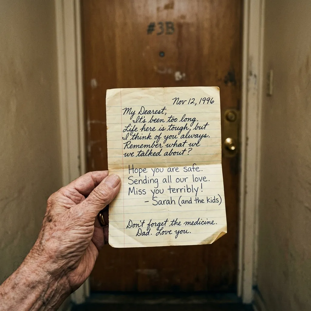 A hand holding a handwritten note in a dimly lit hallway