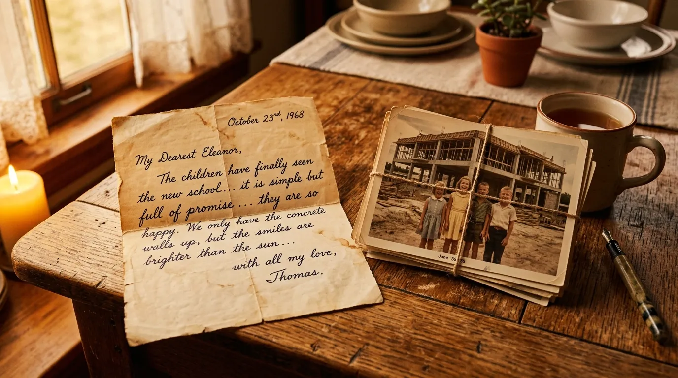 A heartfelt handwritten letter next to vintage photographs of children in front of a modest building