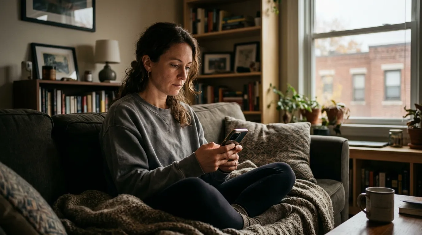 A woman in a gray sweatshirt looking at her phone in a dimly lit apartment
