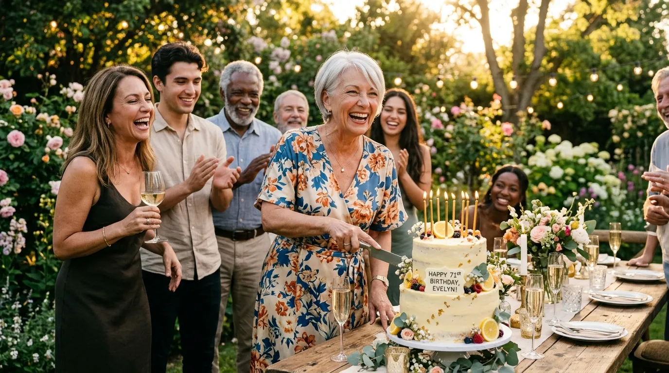 A smiling 71-year-old woman cutting a lemon cake at a sunny outdoor garden party.