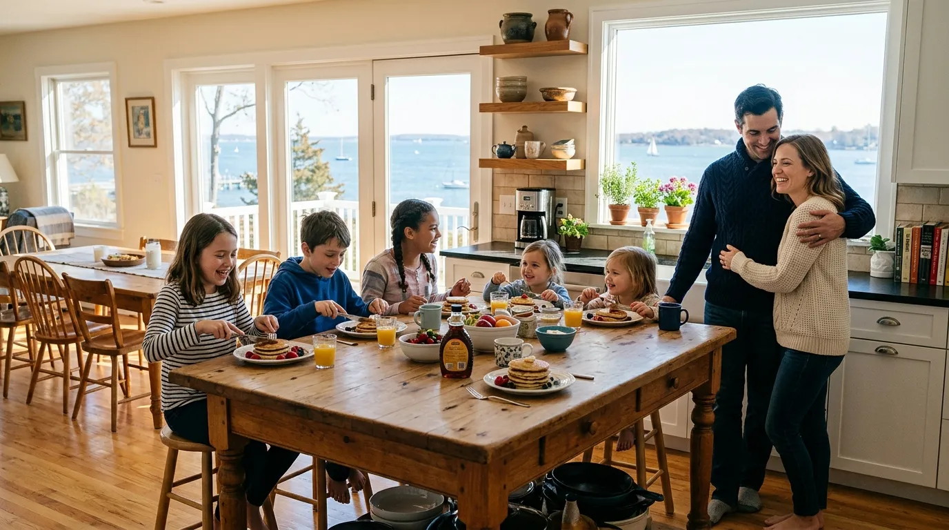 Genevieve and Marcus hugging in a sunlit kitchen while the five children happily eat breakfast together