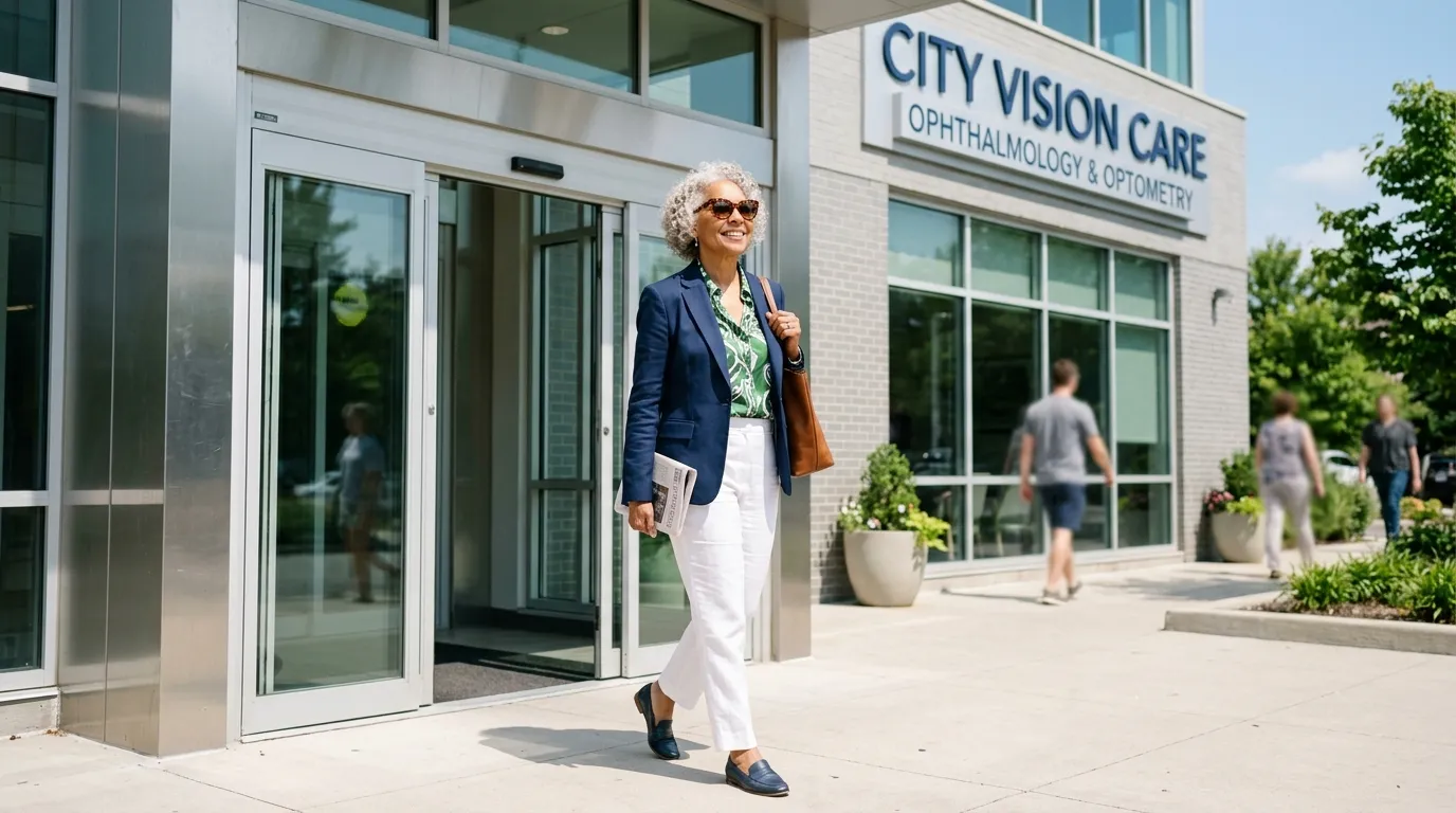 Smiling patient leaving an eye clinic wearing stylish sunglasses