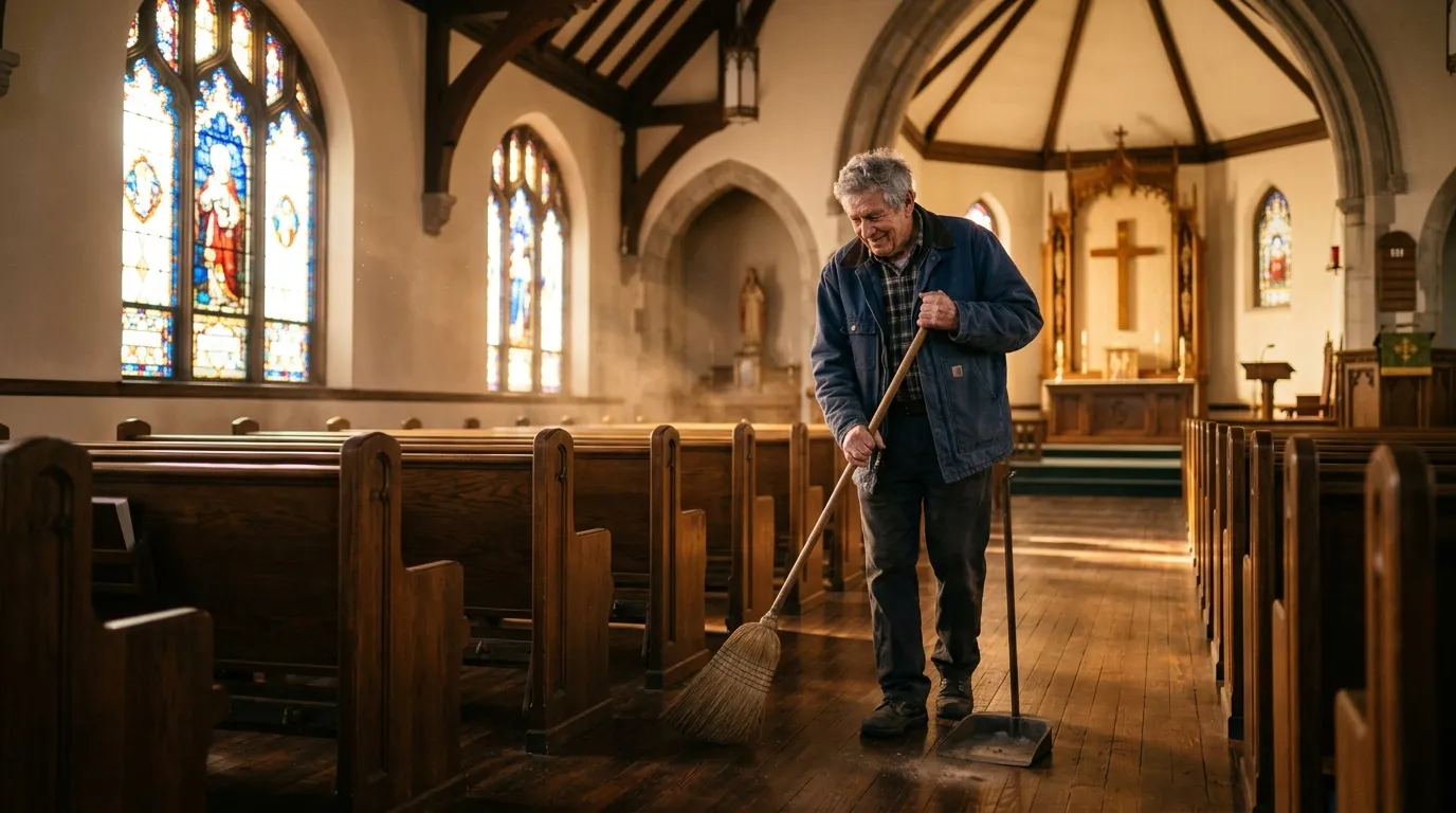 Elderly custodian sweeping the floors of a quiet, sunlit church