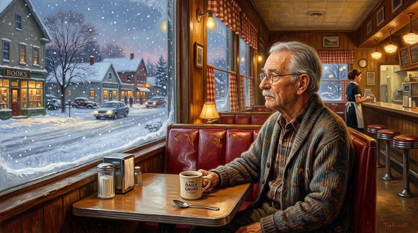 An elderly man sitting alone in a corner booth of a diner, looking out the snowy window