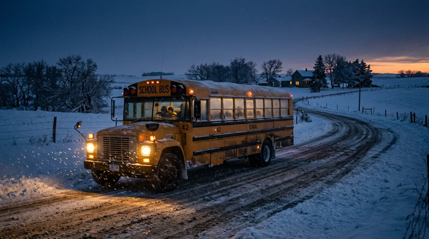 A vintage yellow school bus driving on a snowy rural dirt road in Iowa before sunrise