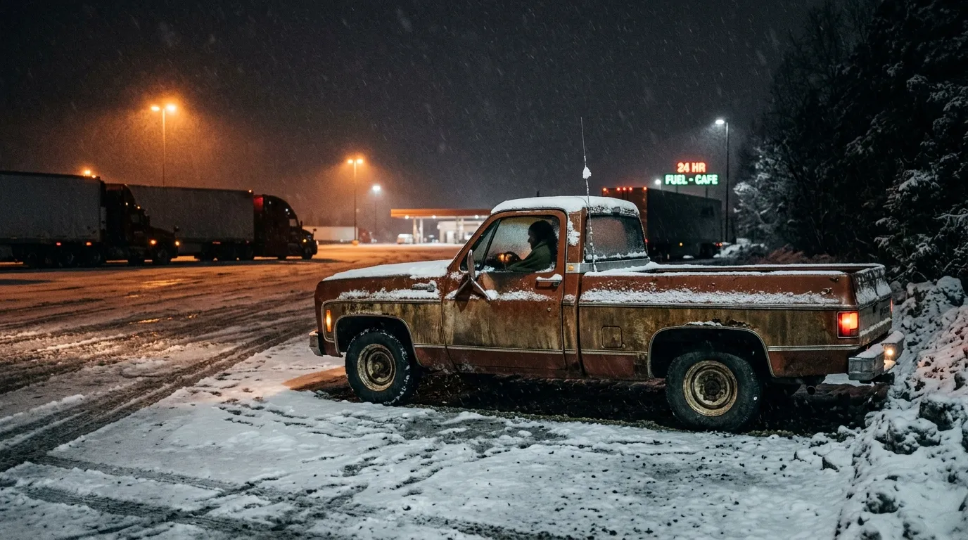 Harold's rust-colored pickup truck parked in the snowy truck stop lot