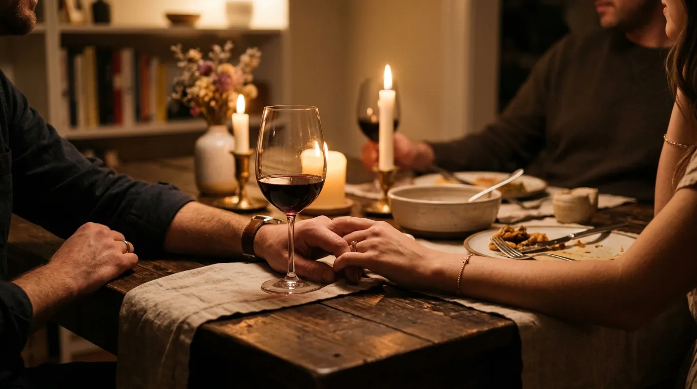 A warm, intimate dinner setting with close family, symbolizing healing, unity, and a peaceful future.