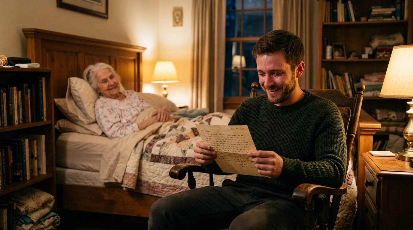 Young man reading a letter smiling while elderly woman sleeps in background